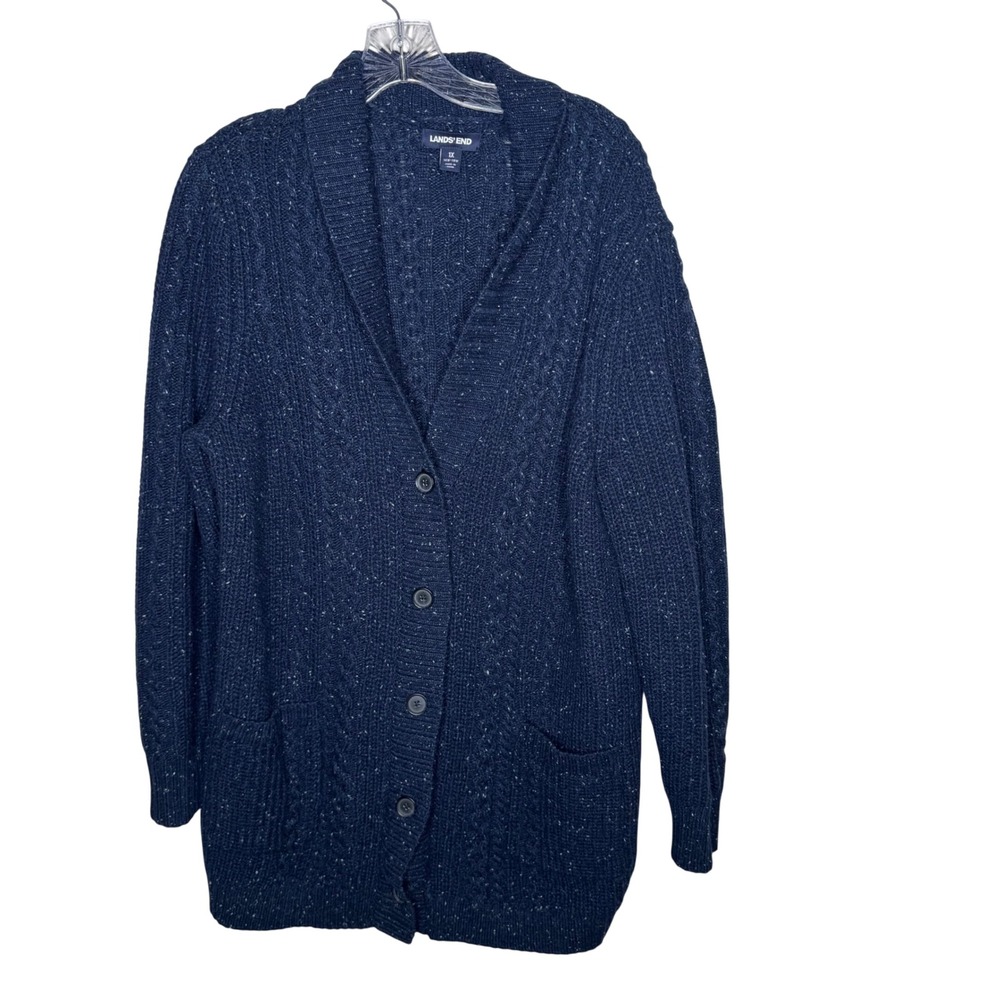 Lands End Navy Blue Speckled Cable Knit Shawl Collar Cardigan‎ Sweater 1X Wool